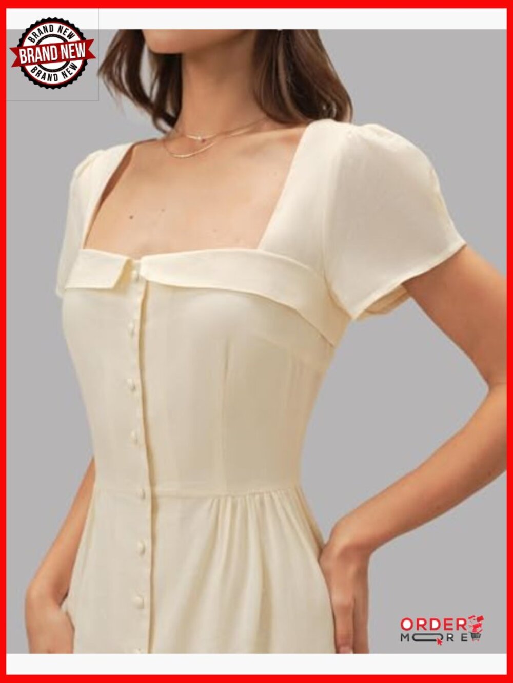 Short Sleeve Puff Square Neck A-Line Midi Dress - Picture 5 of 7
